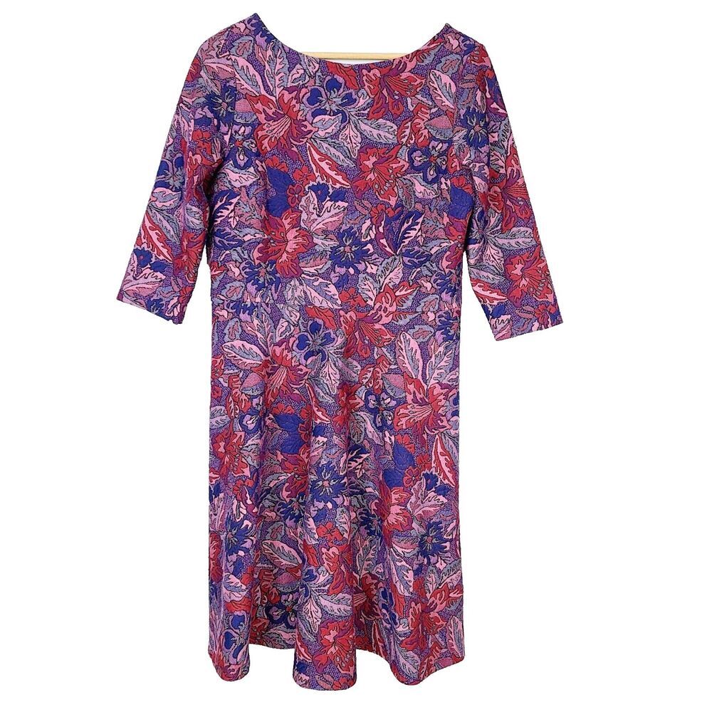 Leota Dress M Blue Red Purple Jacquard Knit Floral A-Line Knee Length Pullover